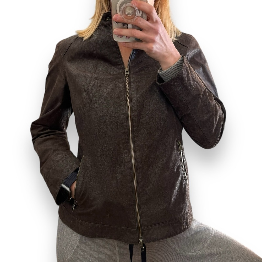 Genuine Suede Leather bomber jacket brown sz M zip up Moto distressed textured
